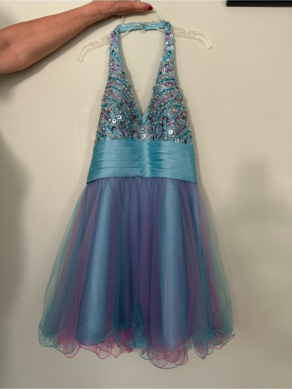 Sparkling Aqua & Purple Tulle Halter Dress